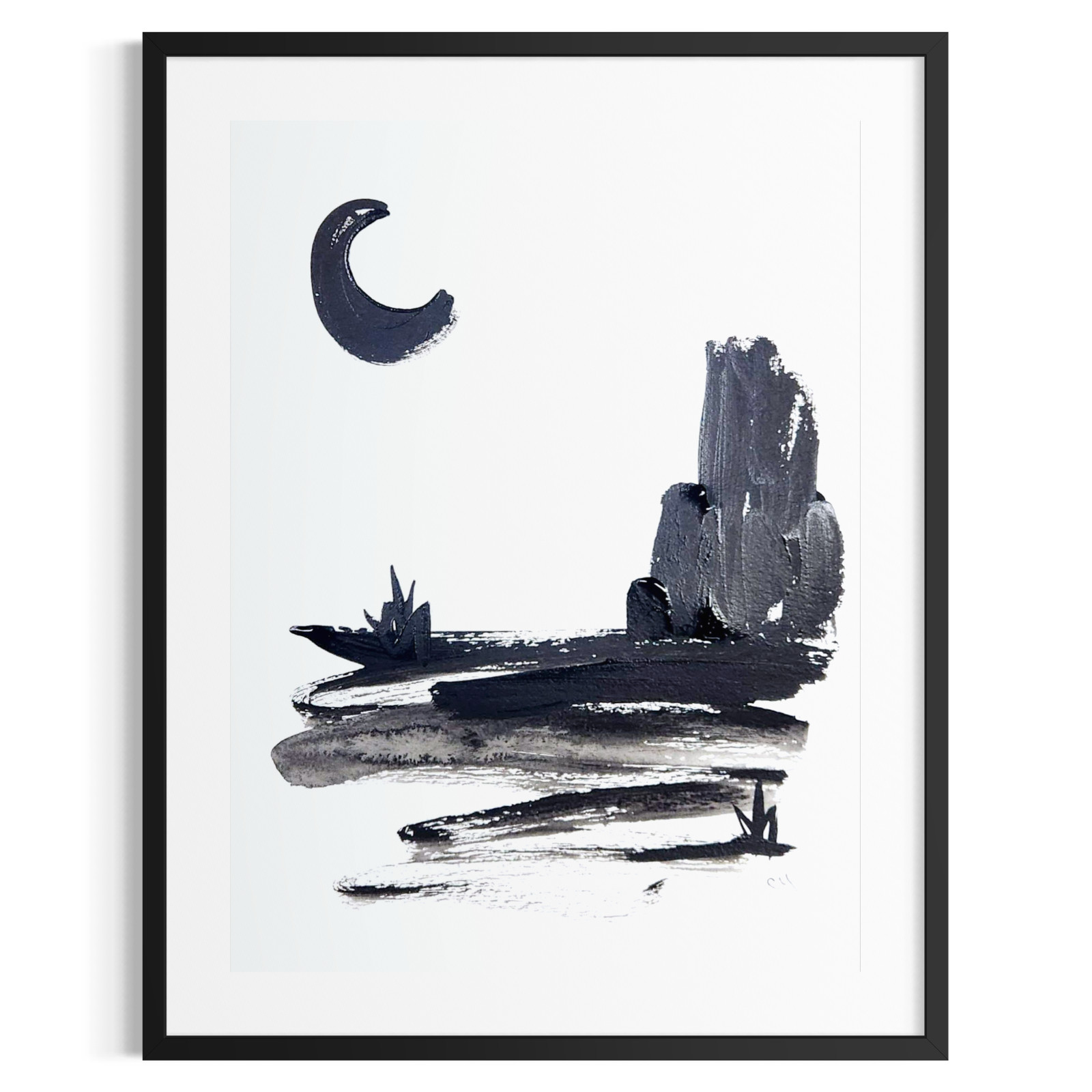 Original Fine Art 9×12 Monochrome Abstract Landscape Ink Paper Painting Signed