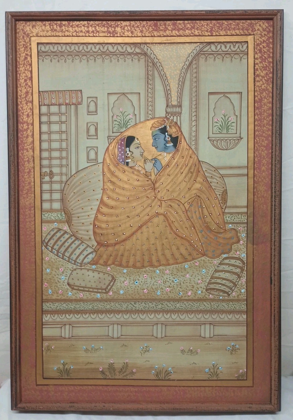 Vtg XL Hindu Religious Framed Painting Krishna & Radha Love Scene On Silk 31×21.