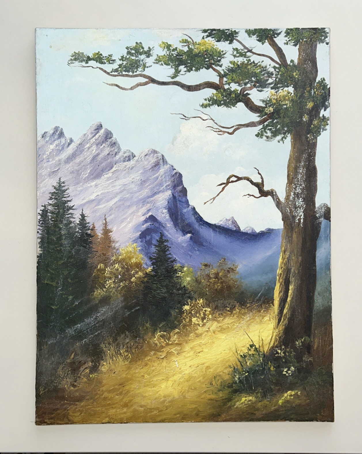 Original Oil Painting 18×24 Art/Landscape Bob Ross Style Mountains Trees Beauty!