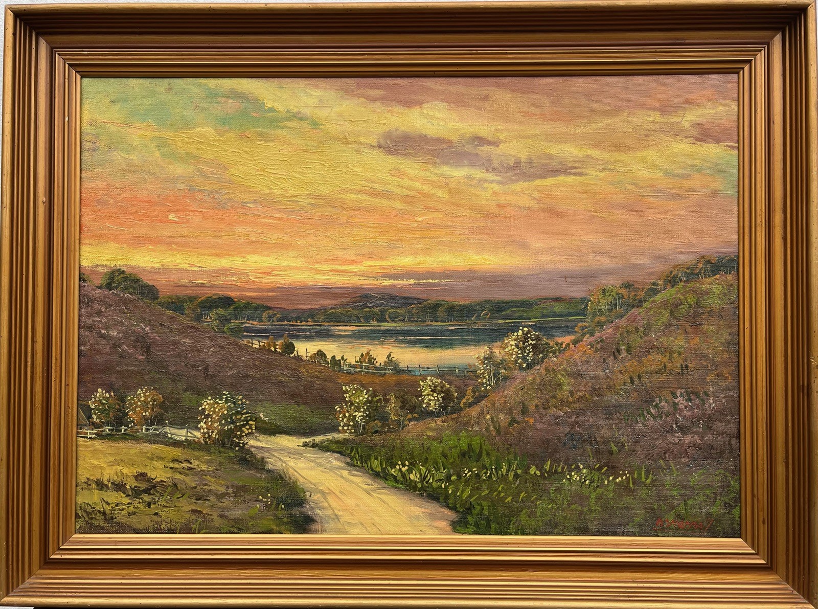 Impressionist Evening Summer Landscape With Lake Oil Painting, Antique, Framed