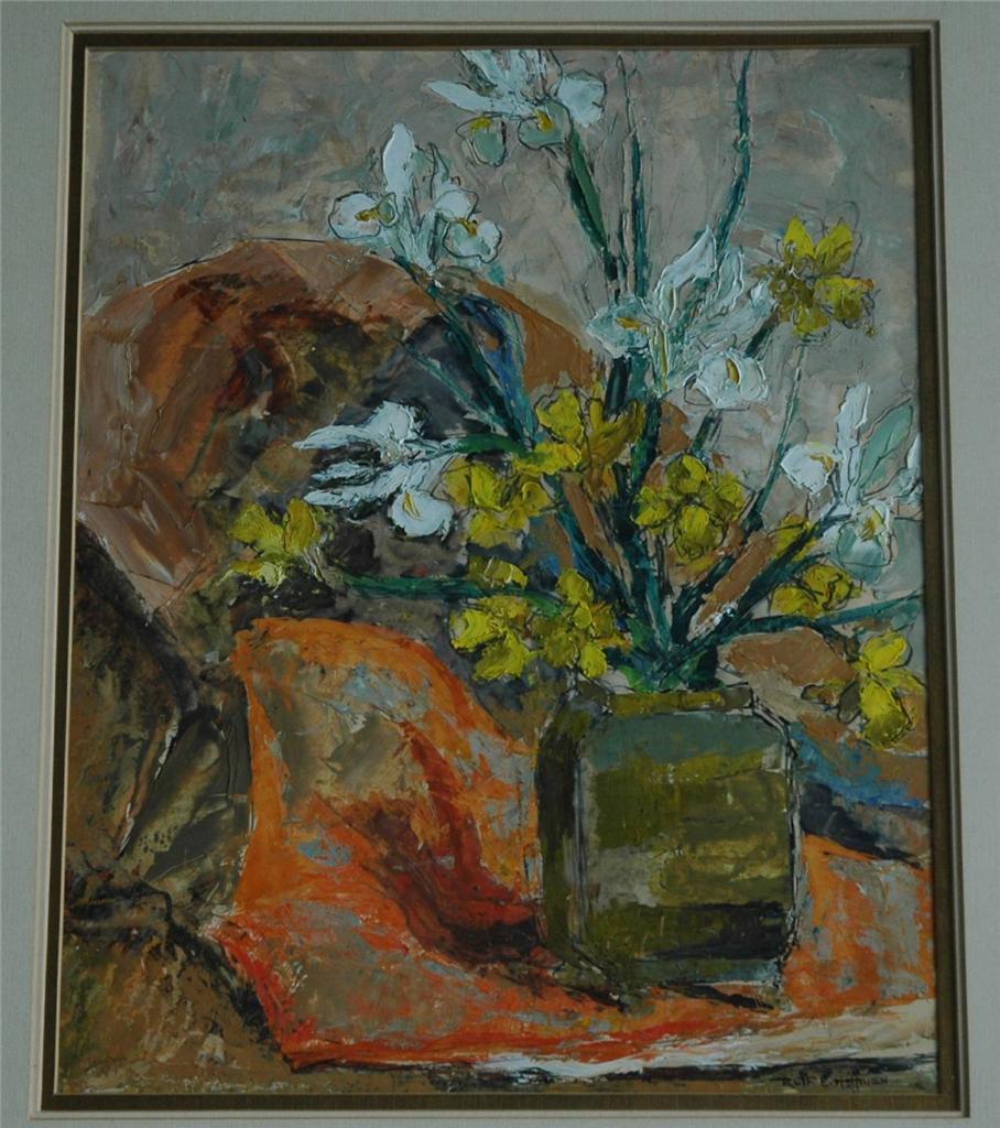 Original Oil on Paper Floral W/ Daffodils & Iris In A Vase by Ruth Erb Hoffman