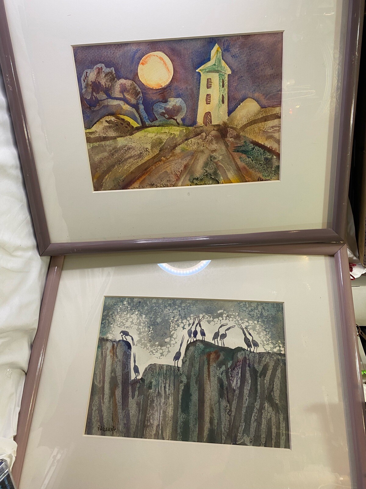 Pair (2) Large Original Watercolor Paintings Signed Matted Framed Birds Church