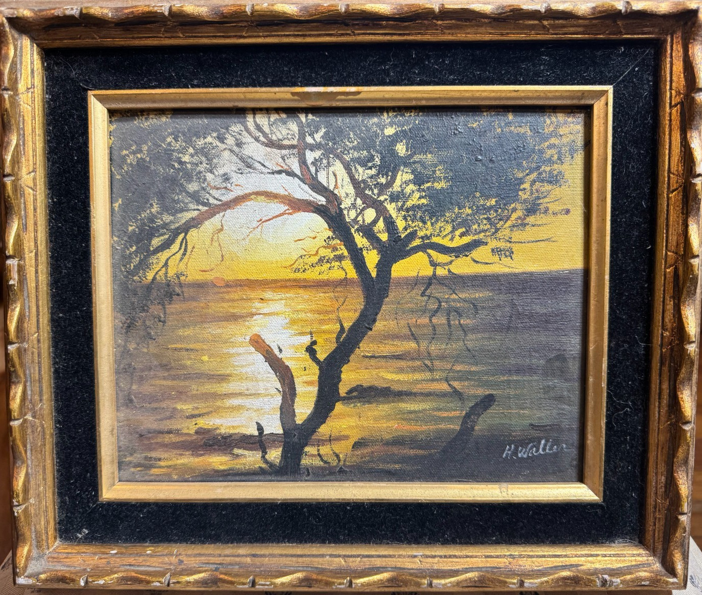 Vintage H Waller «River View At Dawn Scene» Oil Painting – Signed And Framed