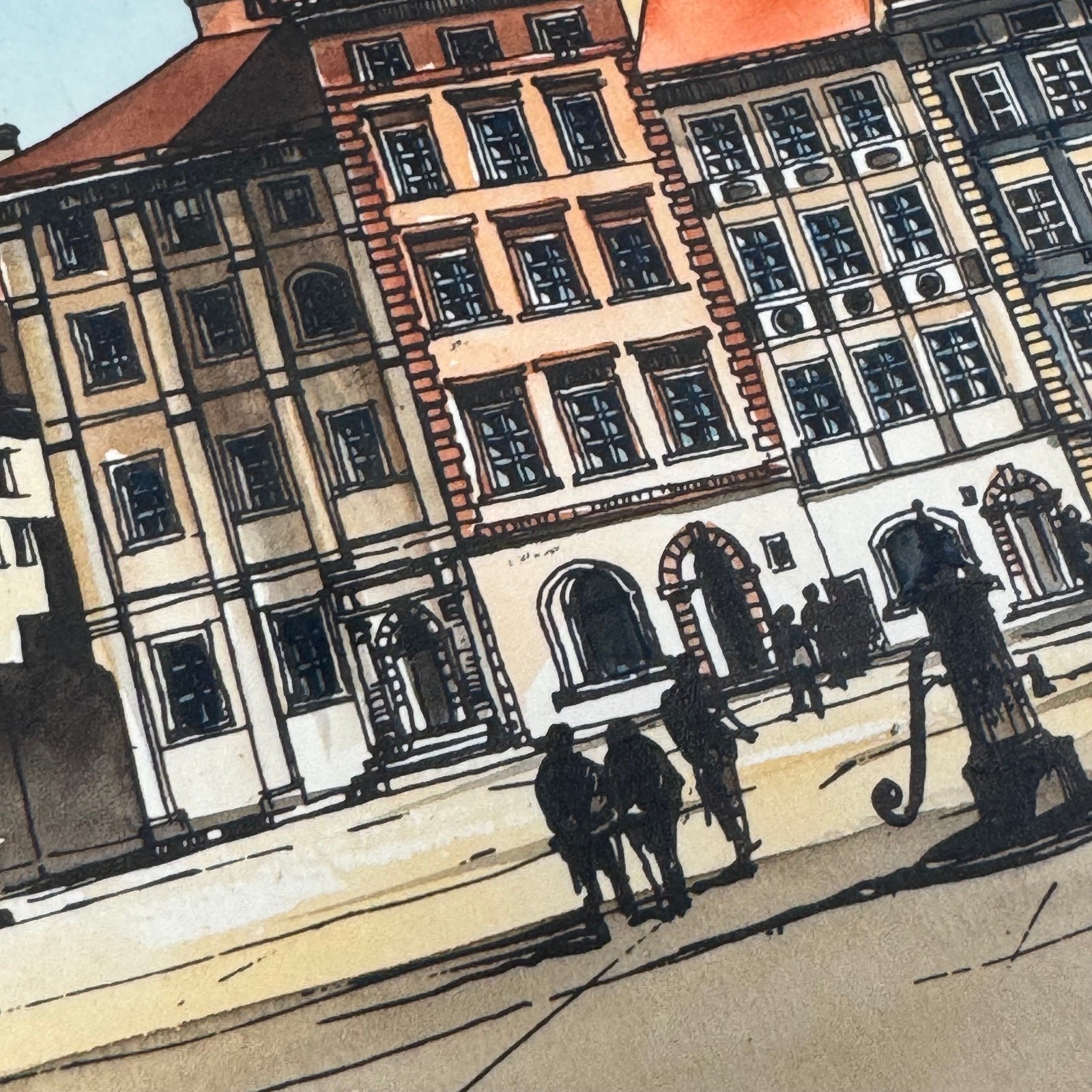 Vintage Original Watercolor & Ink European Cityscape Framed Art 1970