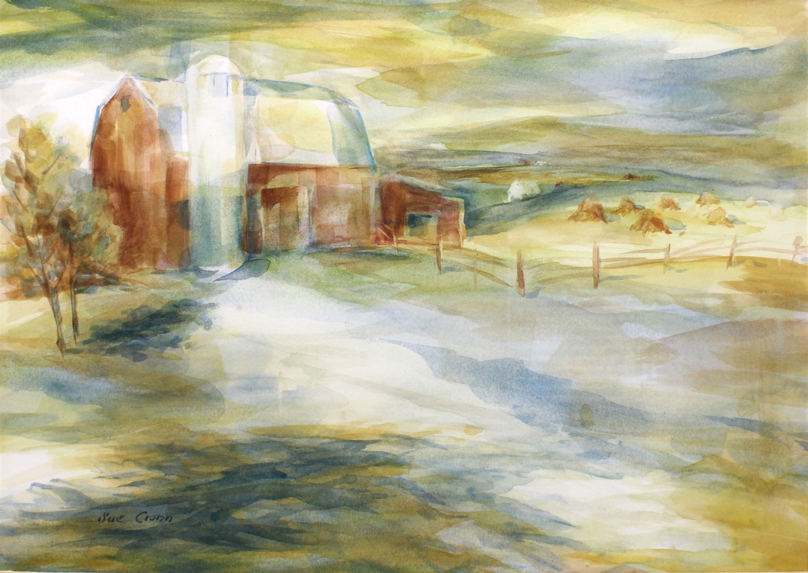 Framed Matted Original 16×12 Watercolor Farming Barn Rustic Signed Sue Cronn