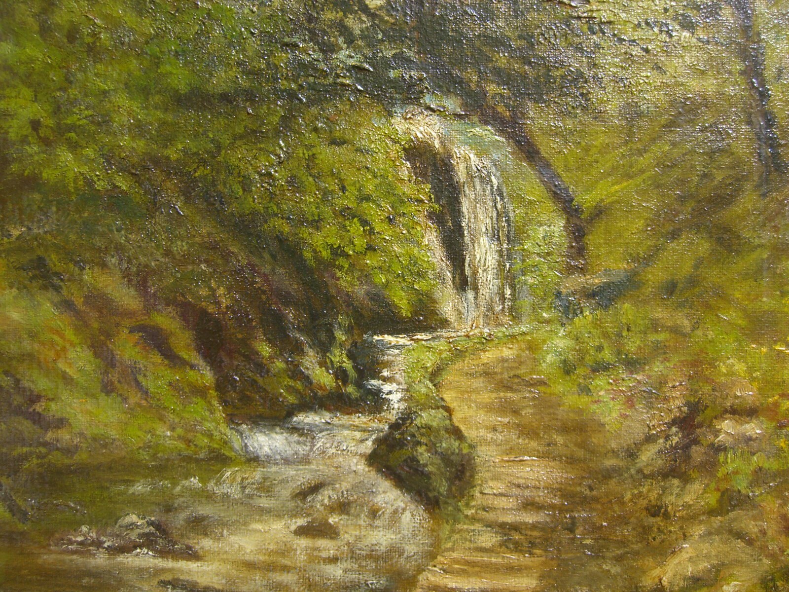 Waterfall Forest Trees River Green Path Stones Rocks Slope Hill Leaves Antique