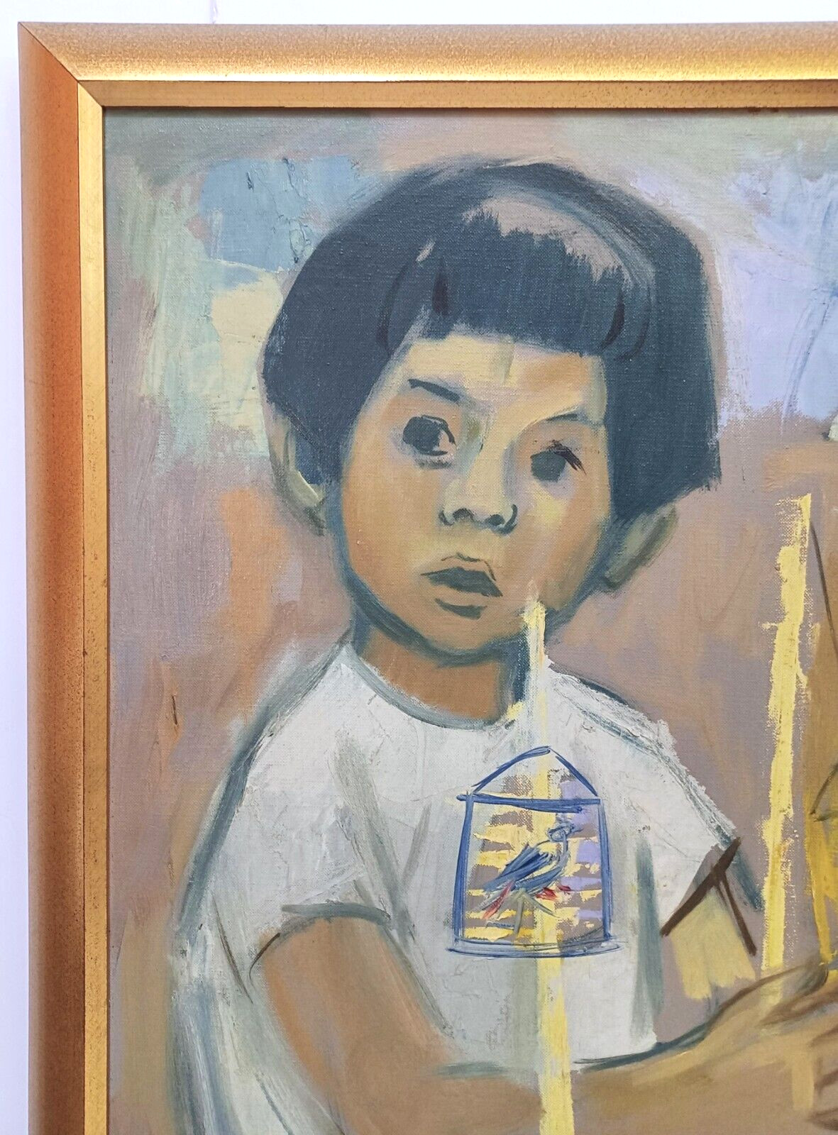 LISTED AMERICAN IRVING AMEN SIGNED ORIGINAL OIL on CANVAS BOY w/ BIRDS FRAMED