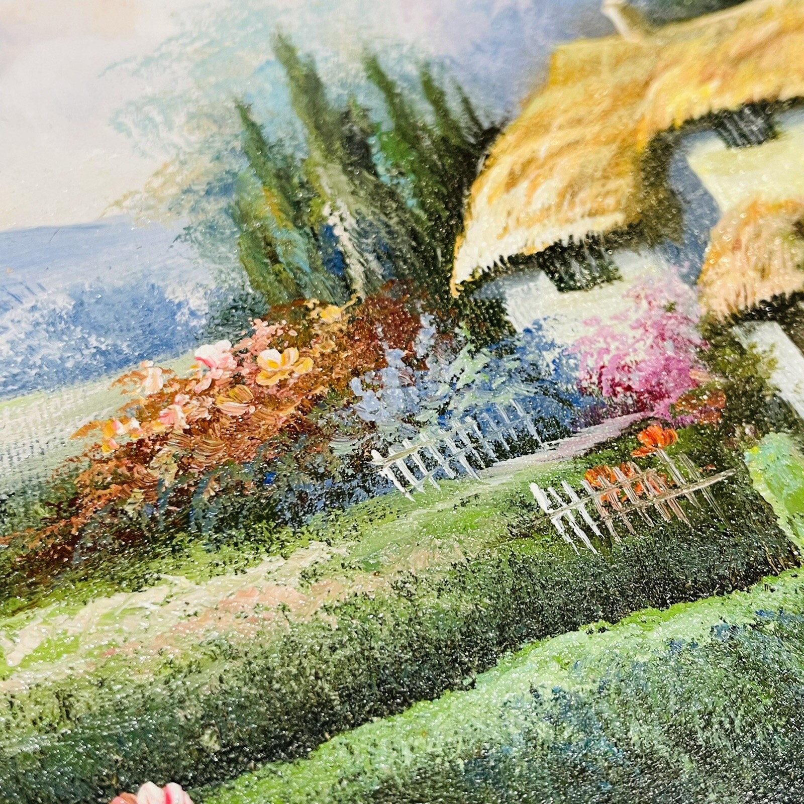 Oil On Panel Framed Painting English Cottage Thatch Garden Signed Franklin Vtg