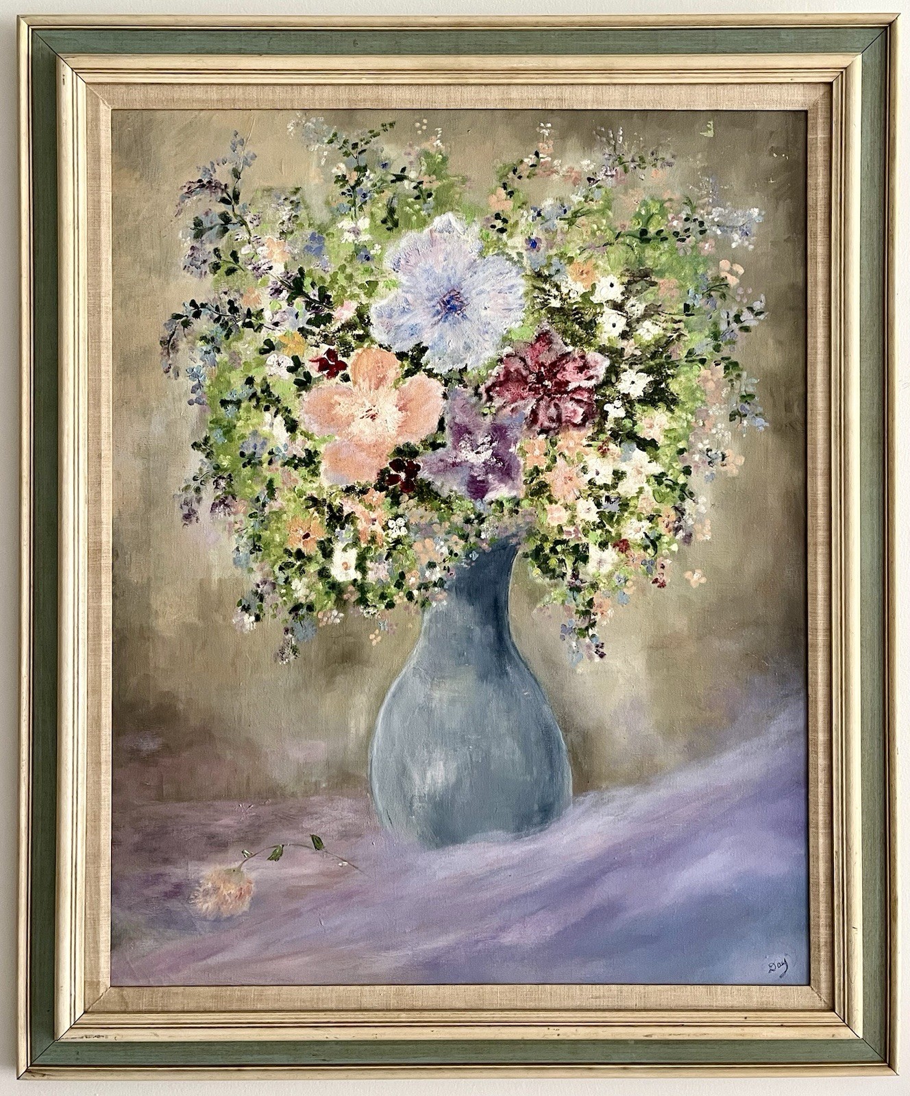 Vintage Impressionist Floral Still Life Painting, Pastel Flowers in Blue Vase