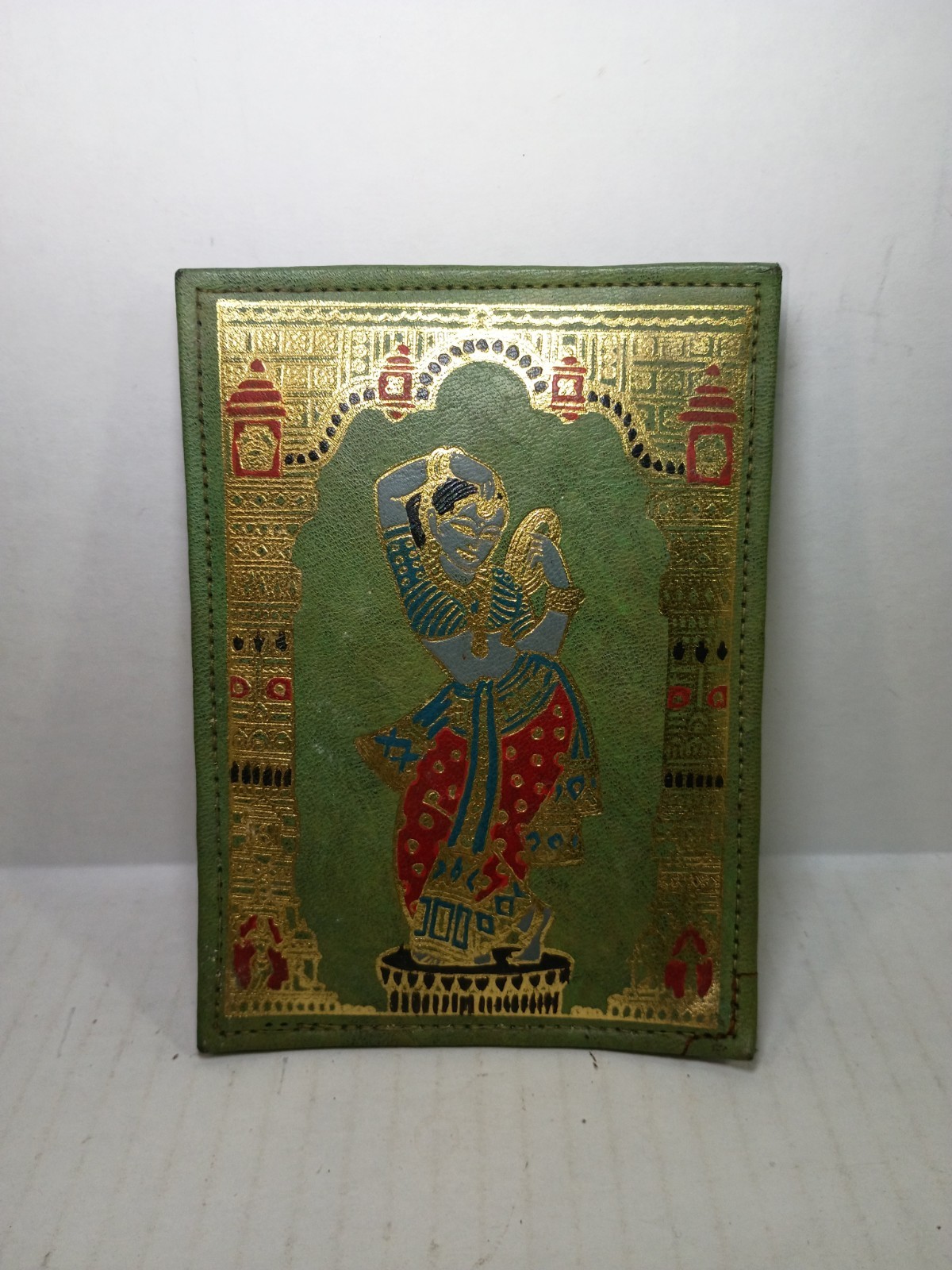 Rare Painted Depiction Of Krishna On Green Leather
