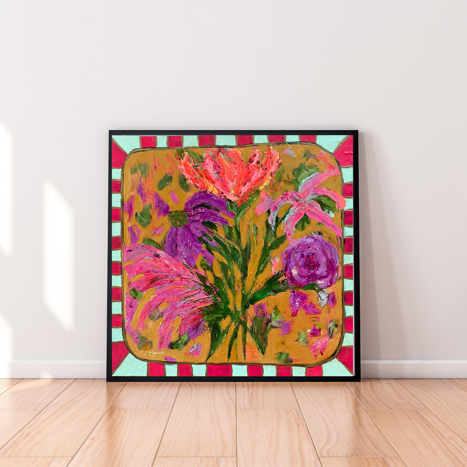Abstract Floral «Candy Rose» 20×20 Expressionism Botanical Acrylic Canvas Signed
