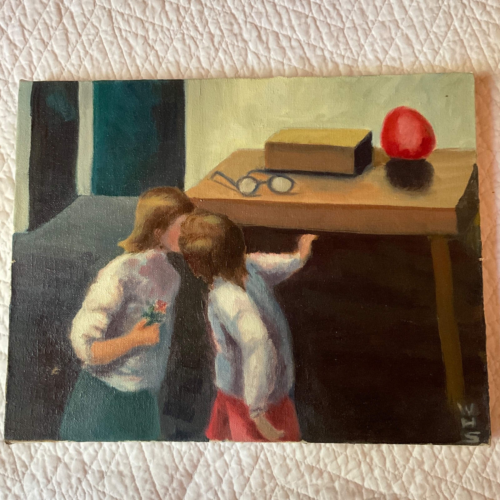Children portrait original oil painting Vintage by WHS kissing first kiss school