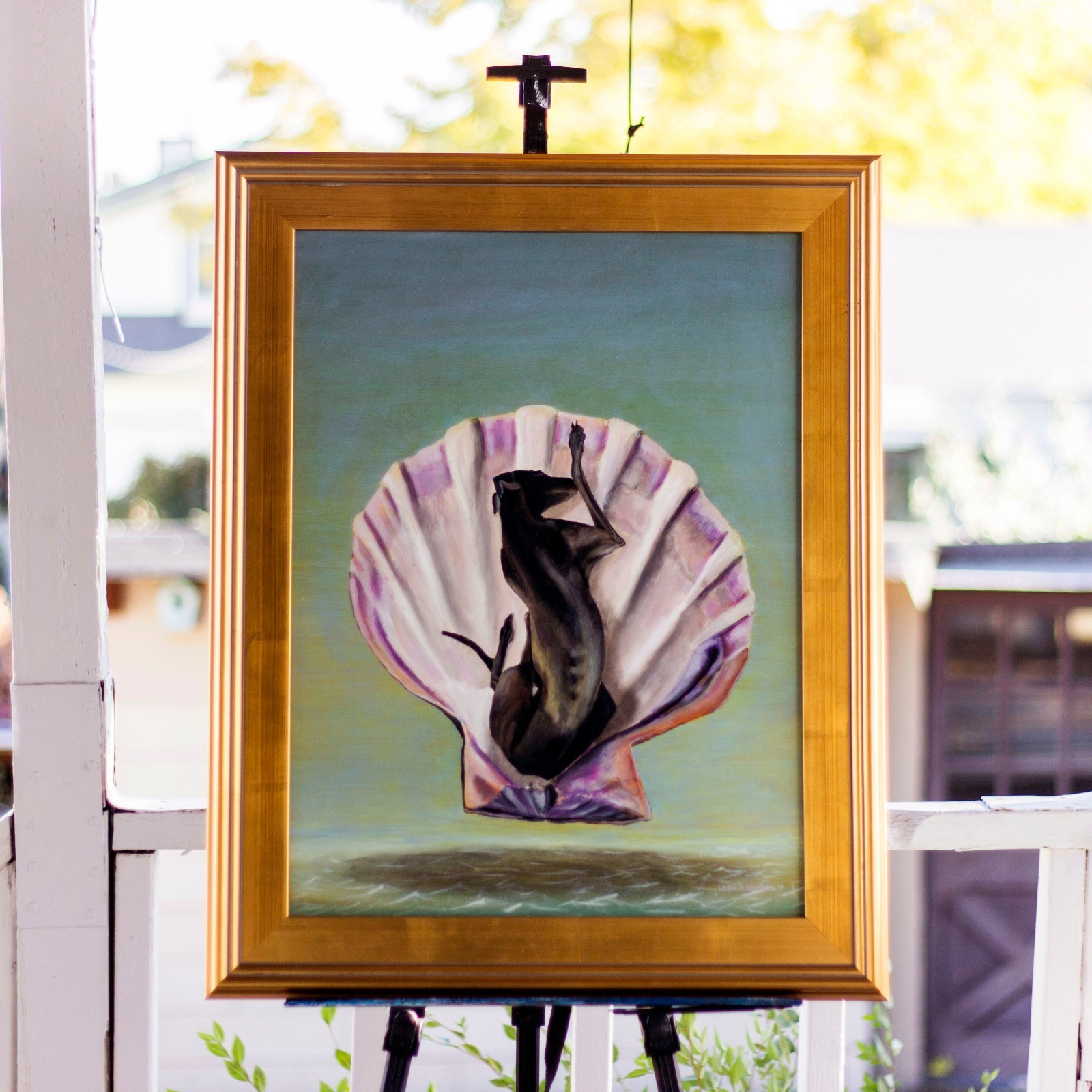 «Birth of Coco», Oil 18×24″ – Dog Portrait modern Art Birth of Venus parody