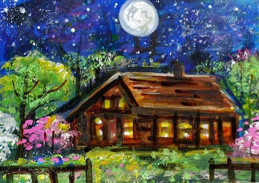 ACEO Original PAINTING Spring TREE Night Sky Moon CABIN Nature Landscape ATC ART