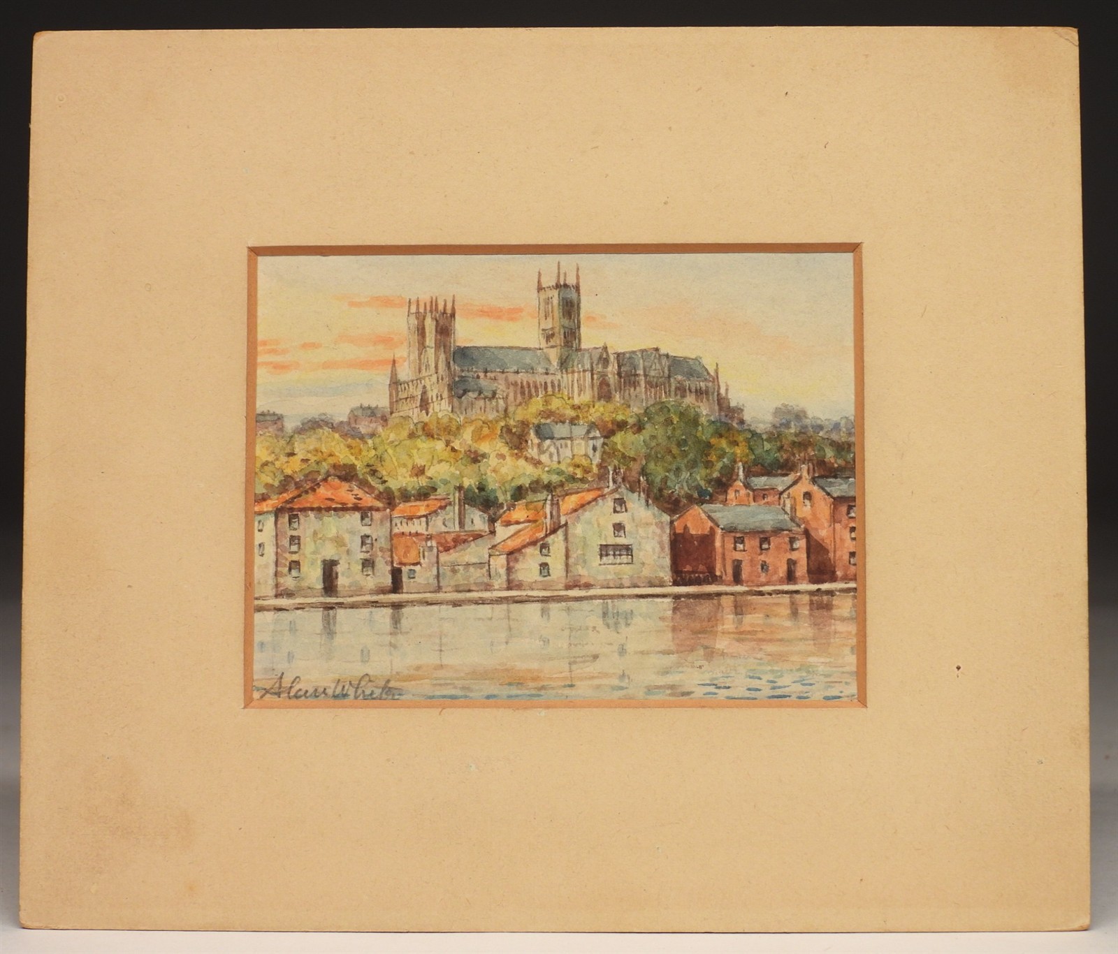 Miniature! Alan White Durham Cathedral European Watercolor Painting 3.5″ x 4.5″