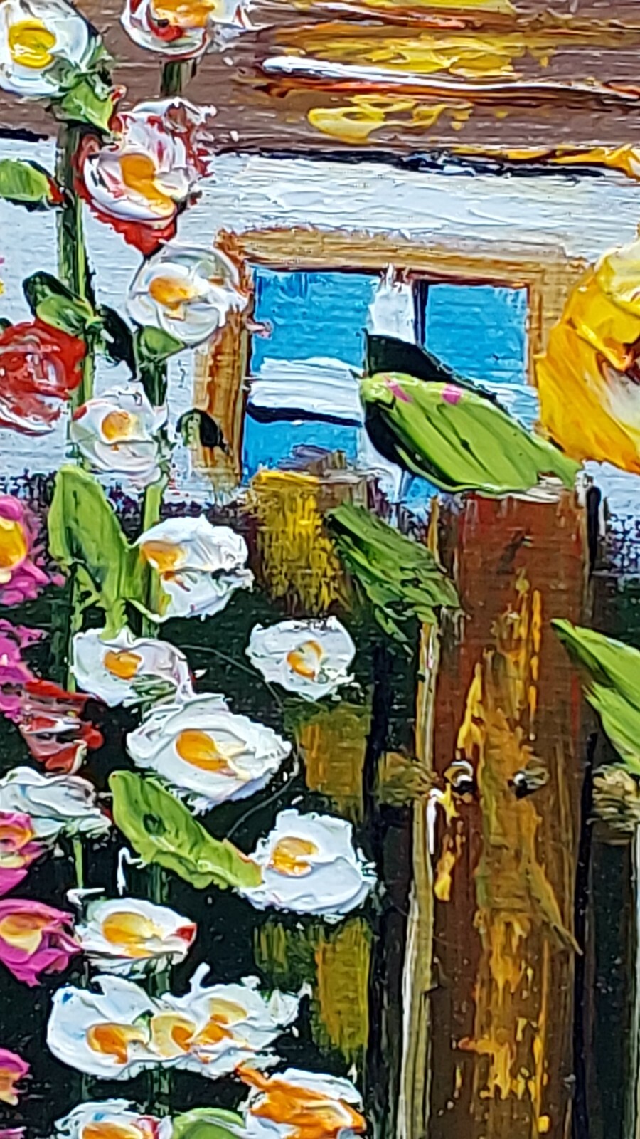 Original Rustic Cottage Painting with Sunflowers, Farm Art, Oil on Canvas 7×8 in