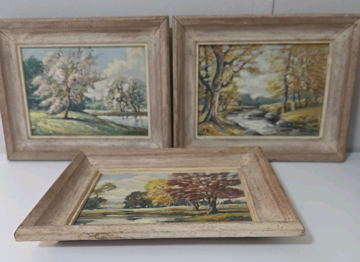 Vintage GLENN F. BASTIAN Spring And Autumn On Canvas Signed Art. Set Of 3.