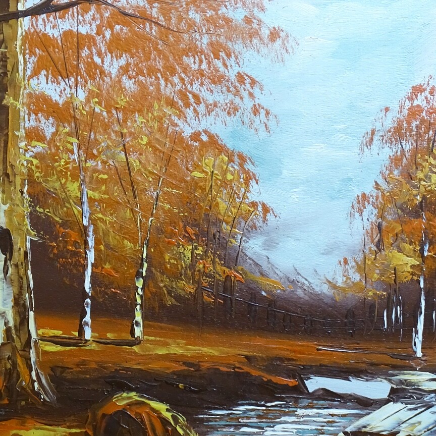 Vintage Vibrant Autumn Landscape Oil Painting Birch Trees Stream Framed Signed