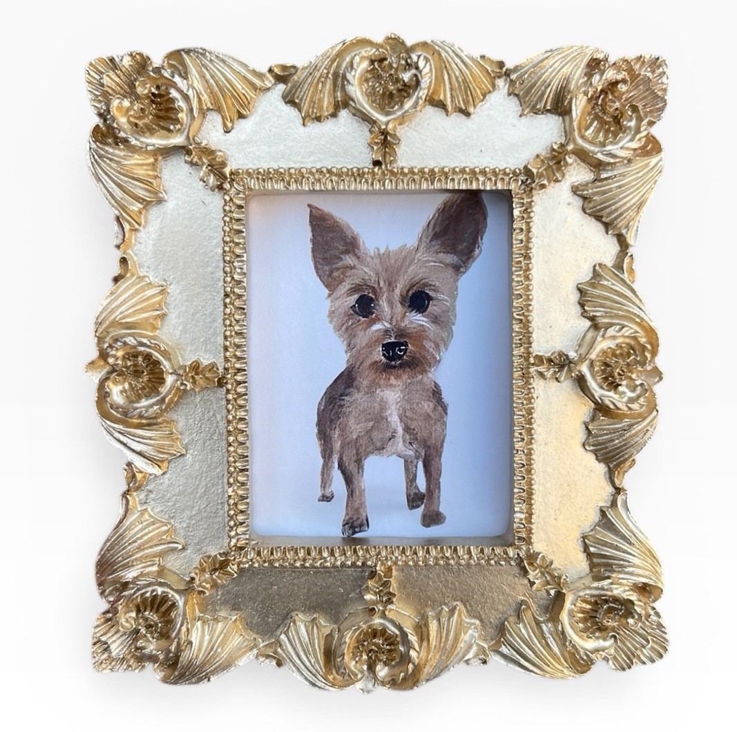 Yorkie Dog mini watercolor art print in gold vintage style ornate frame