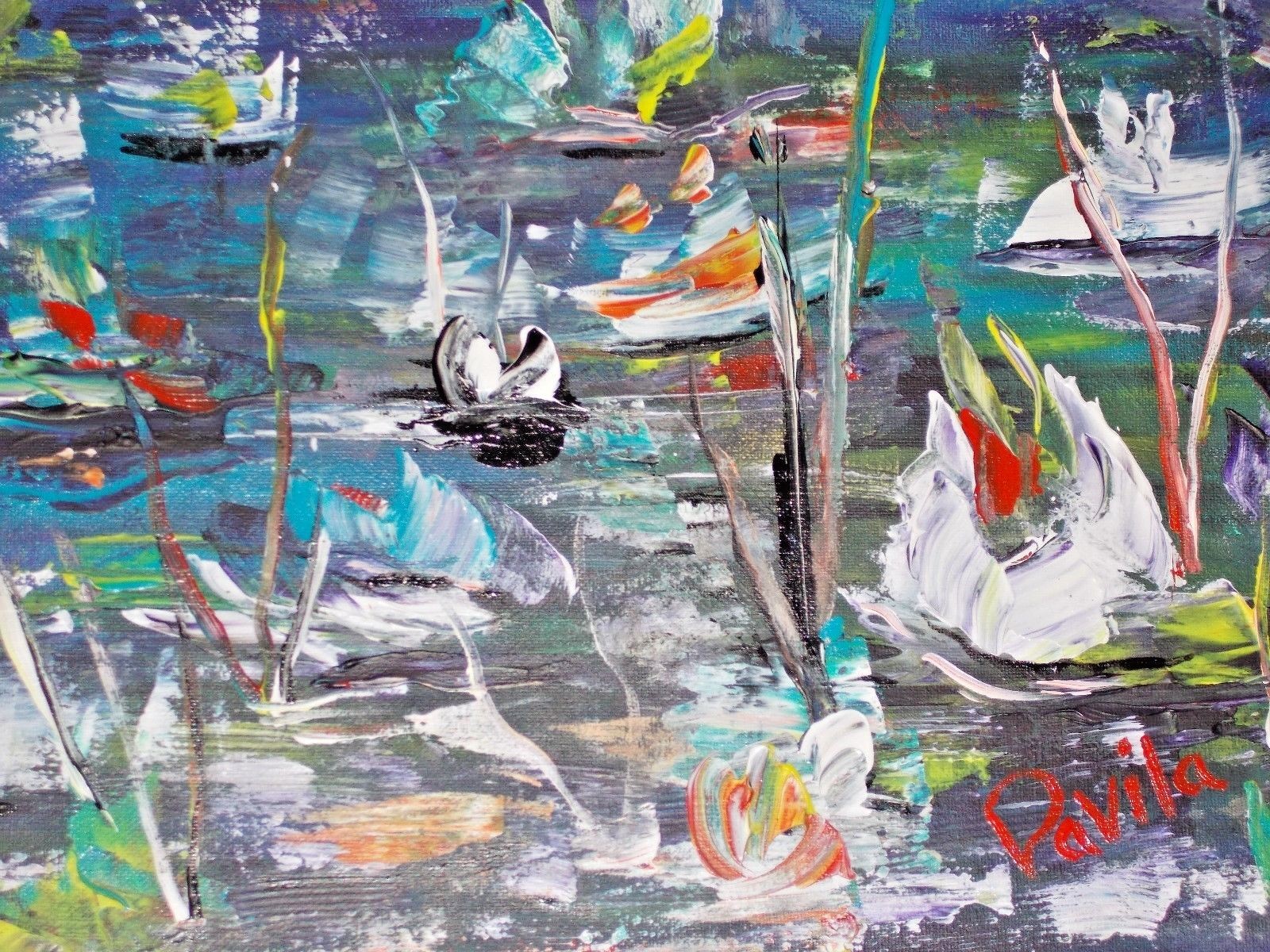 ORIGINAL «WATER LILLY ESCAPADE» IMPRESSIONISTIC ACRYLIC PAINTING BY DAVILA 11X14