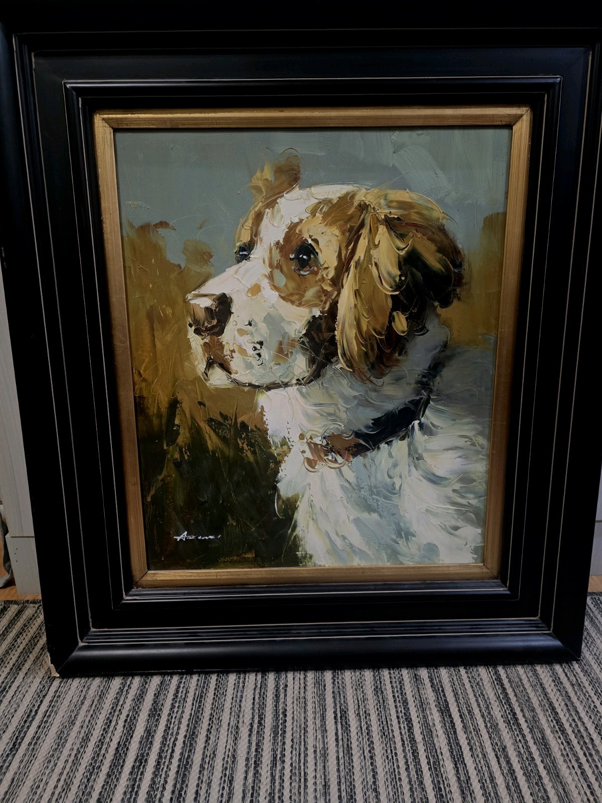 Portrait of A Brittany Spaniel Dog Painting Oil On Canvas Signed by Artist