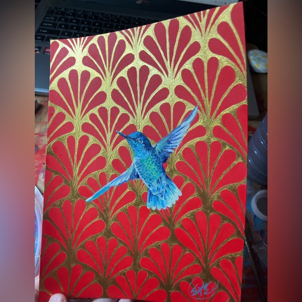 Original Hummingbird painting bird art deco realism contemporary Artettina USA