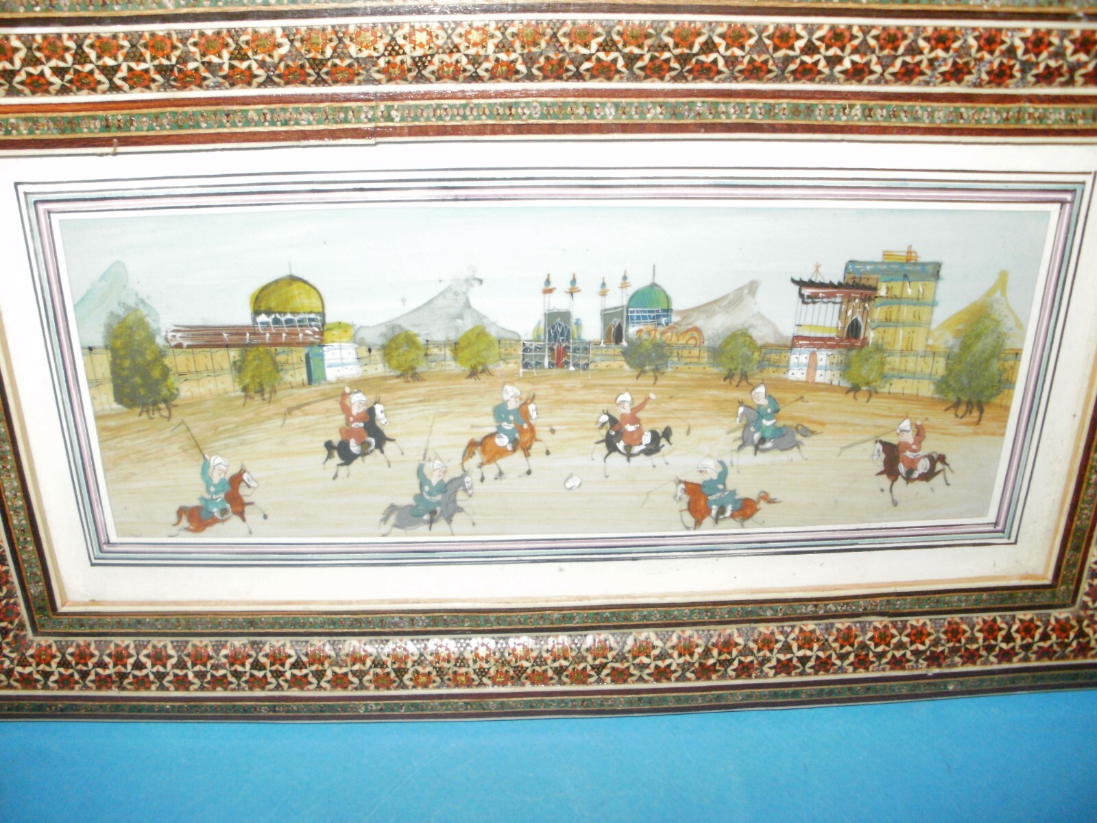 Miniature Asian Middle Eastern picture painting men, horses and homes – RARE!