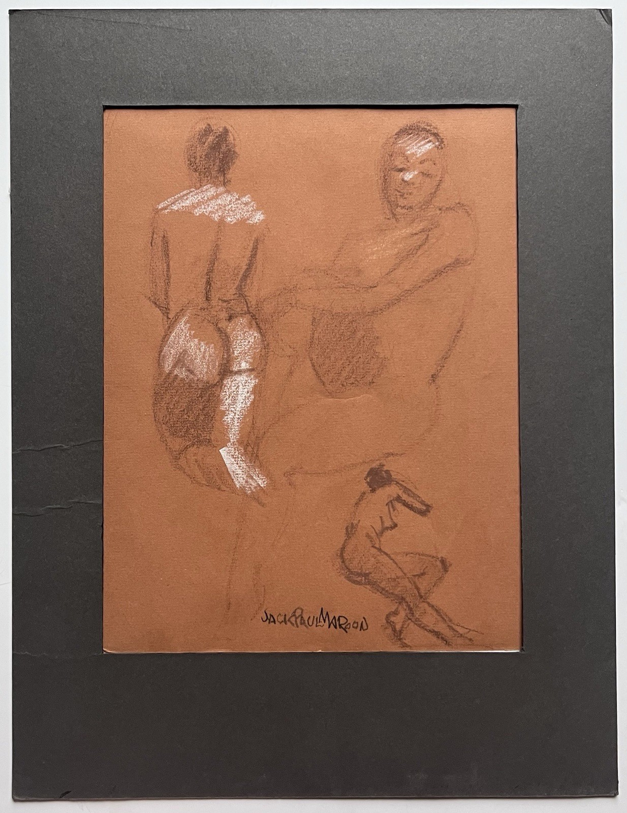 Vintage 40s Risqué Rubenesque Woman Lady Oil Pastel Drawing Jack Paul Maroon NYC