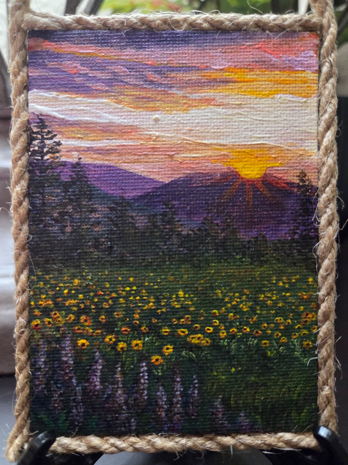 Original Wildflowers Sunset Mini Canvas Acrylic Fridge Magnet Painting 4.2×3 In