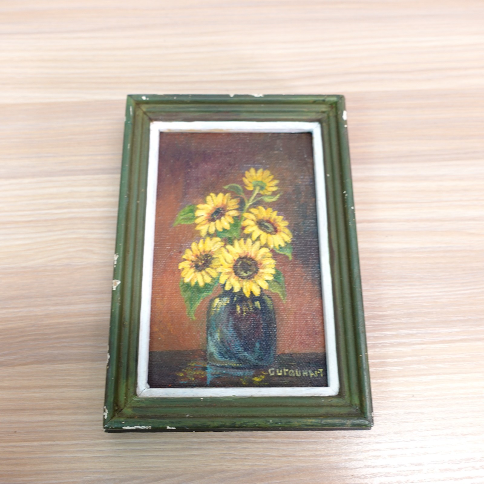 Vintage Sunflowers Oil Painting on Canvas Original Signed Gurguhart Framed 5×3