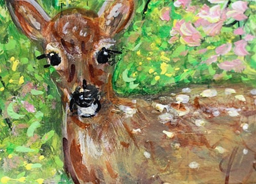 ORIGINAL ACEO Painting FAWN Deer SPRING Animal Flower Landscape Nature ATC ART