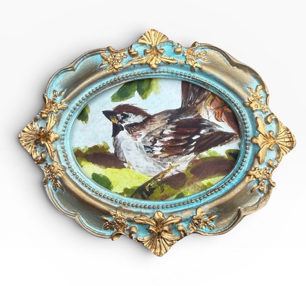 Sparrow mini watercolor bird print of original painting • vintage ornate frame