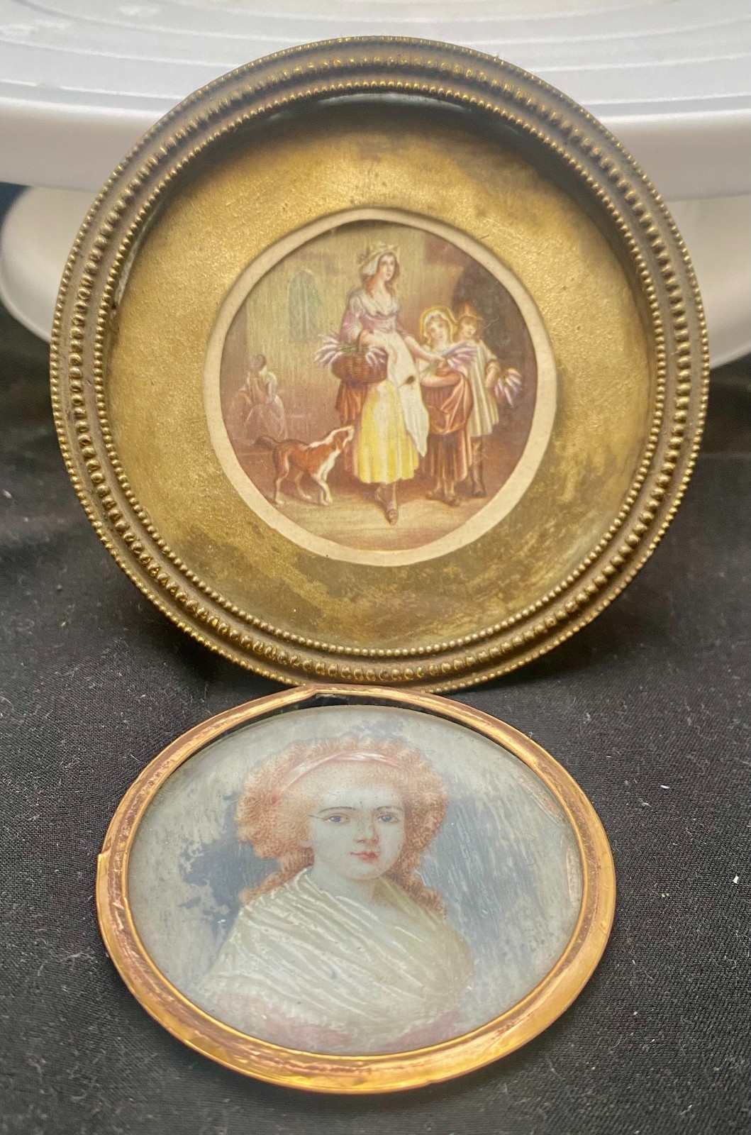 TWO ANTIQUE FRENCH MINIATURE WOMEN PORTRAIT SIGNED PAINTING & CHROMOLITHOGRAPHY