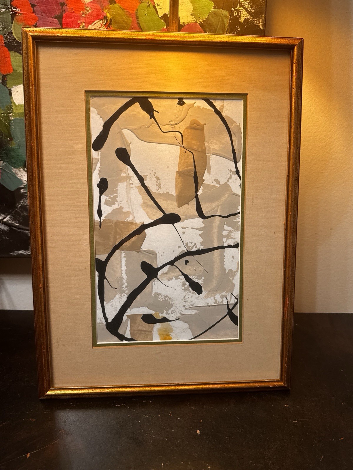 Vintage Gold Framed w New Abstract Painting Asian Inspired Wall Art 11×15”
