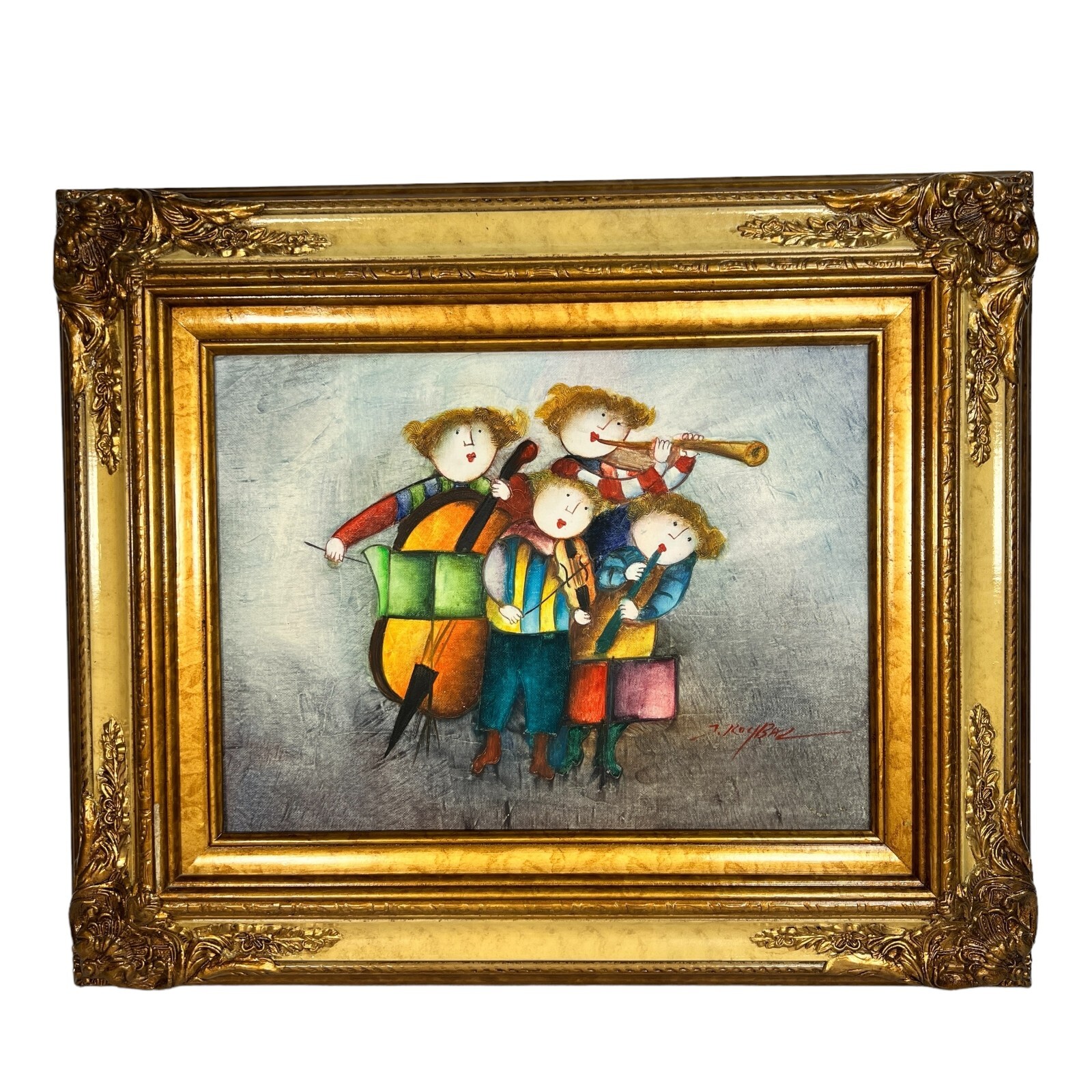 J. Roybal Oil Painting Children Playing Musical Instruments Framed 23″x19.5″