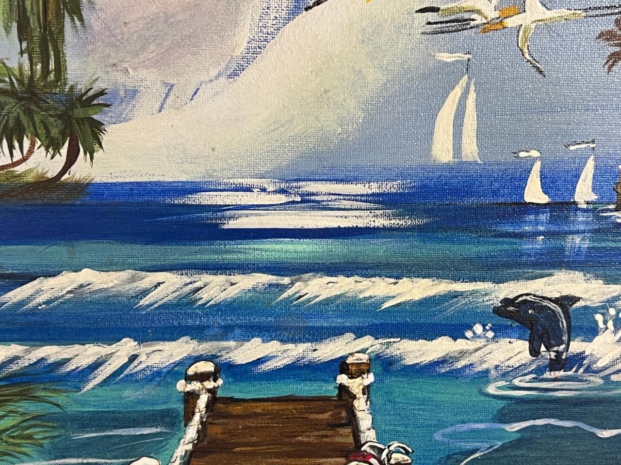 Vintage Nautical Beach Coastal Landscape Painting Seagulls Boat Dock Palm Trees