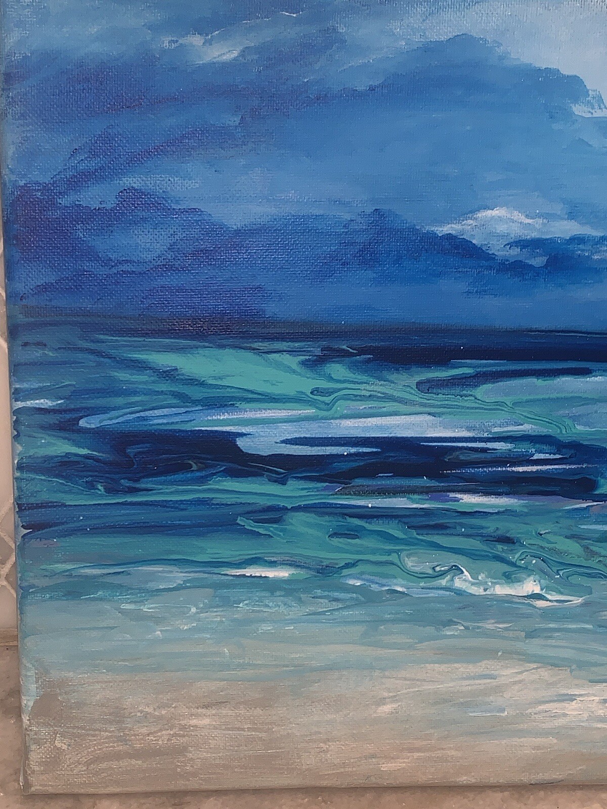 Original Modern Impressionist Oceanscape Beach Shades Of Blue Wht Canvas 11”x14”