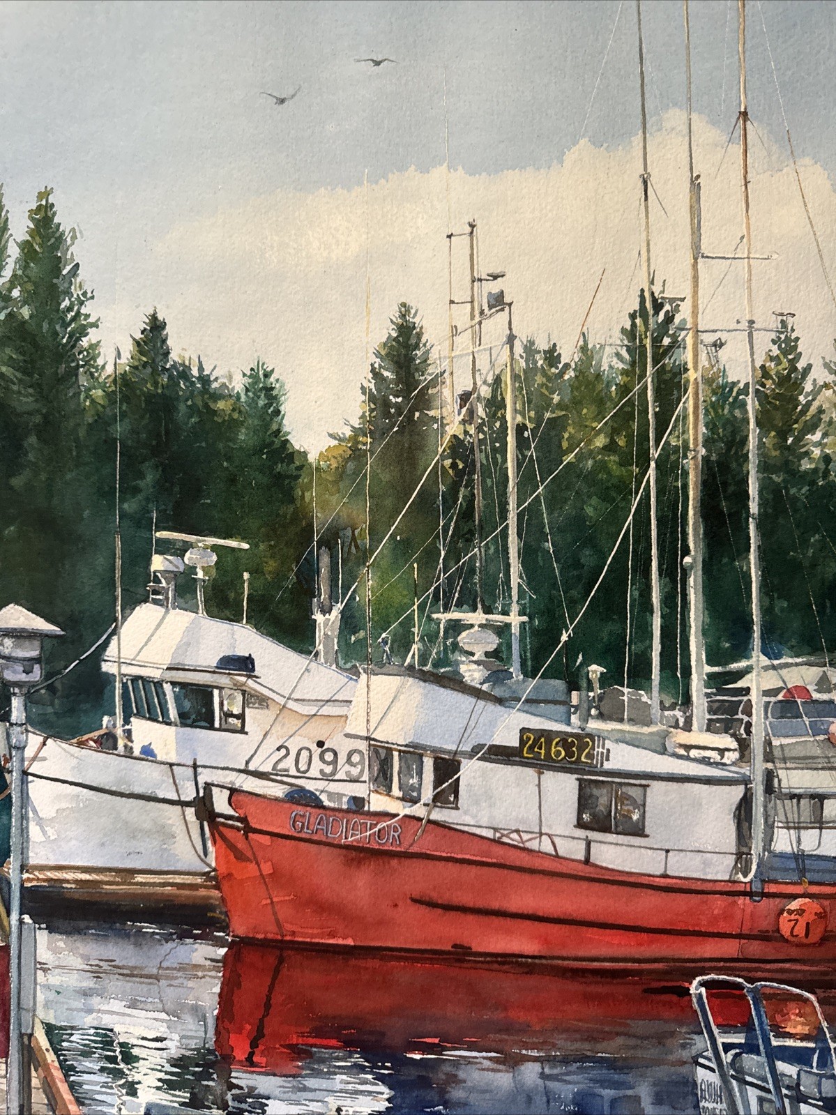 AMERICAN REGIONALISM PAINTING BOAT DOCK MARINA PORT JUNE MALAKA LISTED VINTAGE