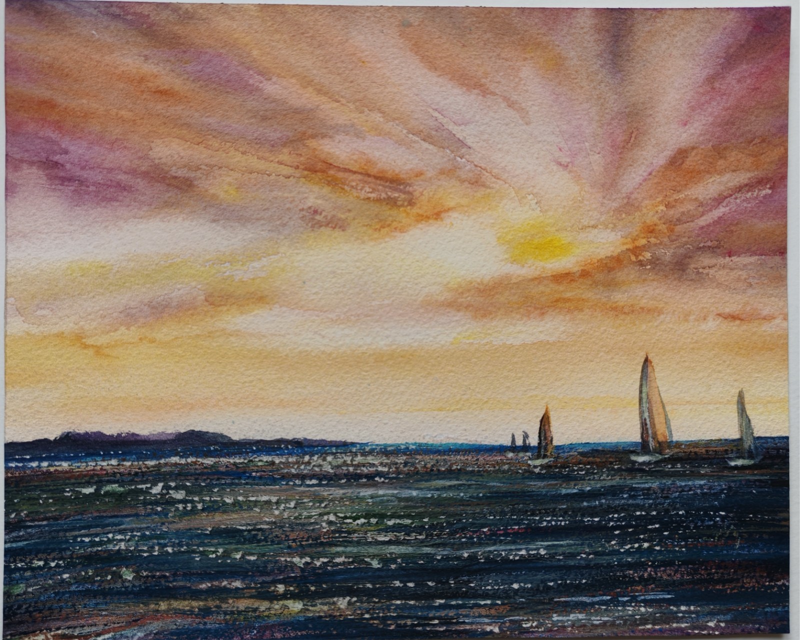 Original Watercolor Painting Seascape. Sunset.Sailboats.