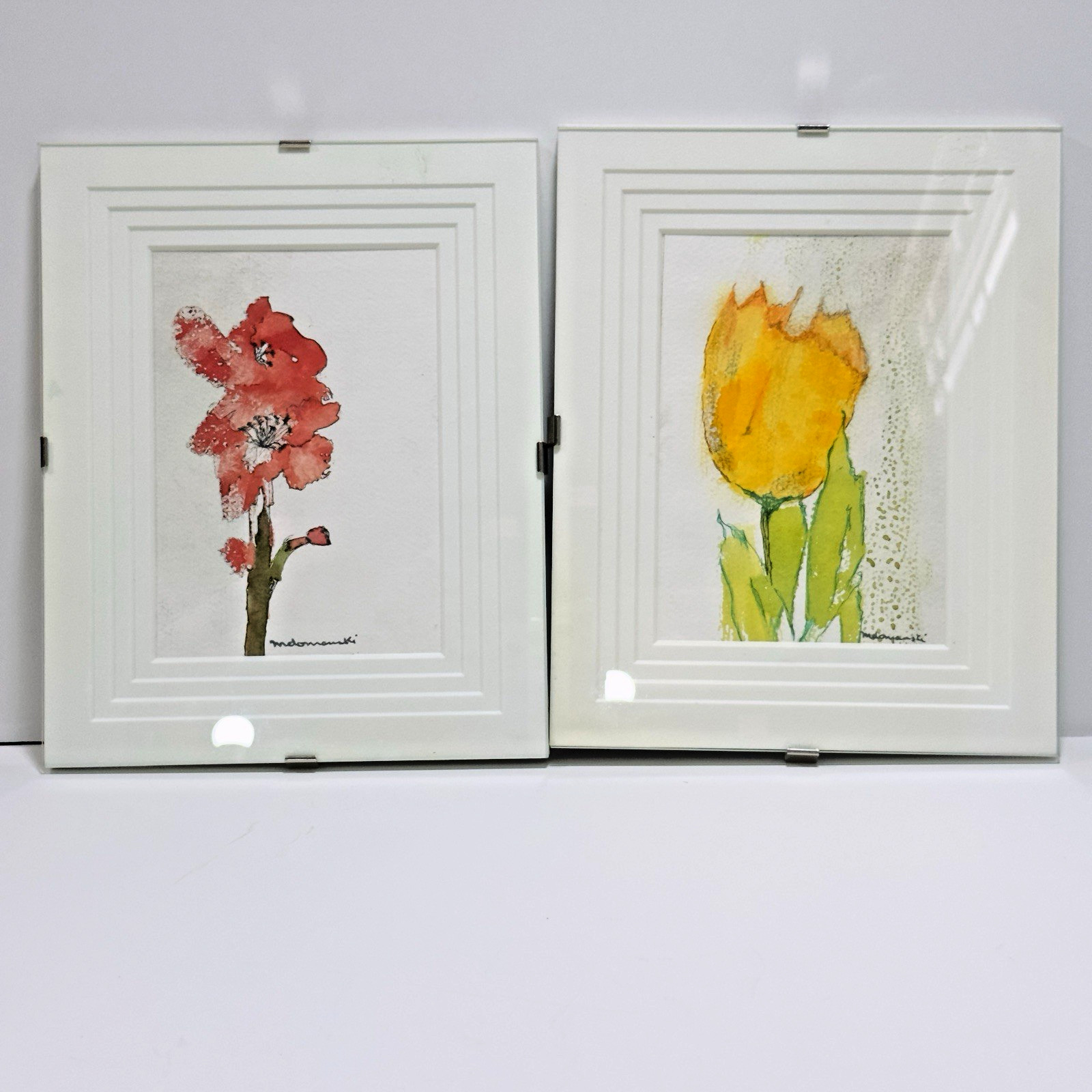 Original Watercolor Painting Set of 2 Tulips Hibiscus Wall Hanging Framed