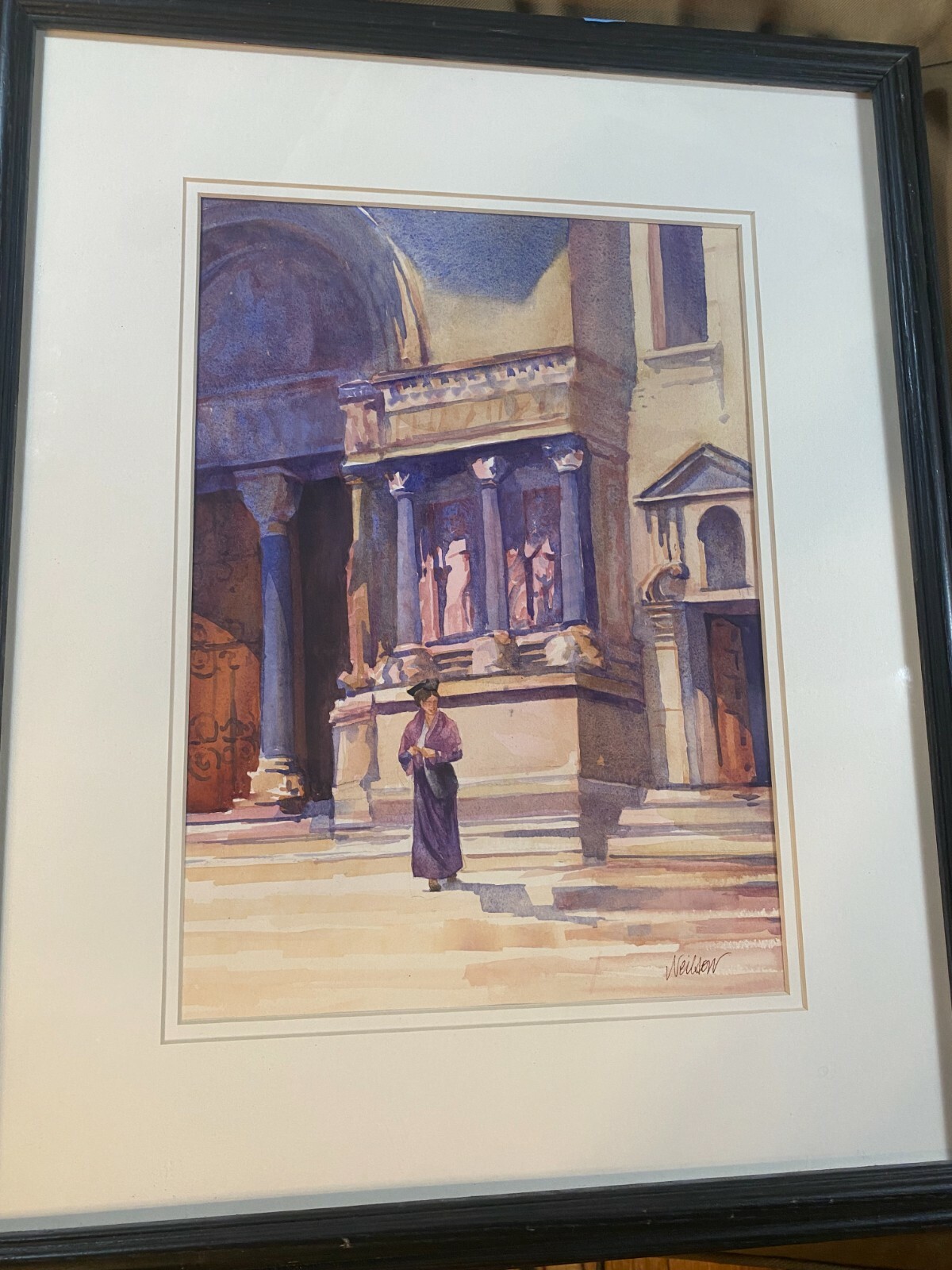 Neilsen «Woman In Front of Building Scene» Watercolor Painting – Signed/Framed