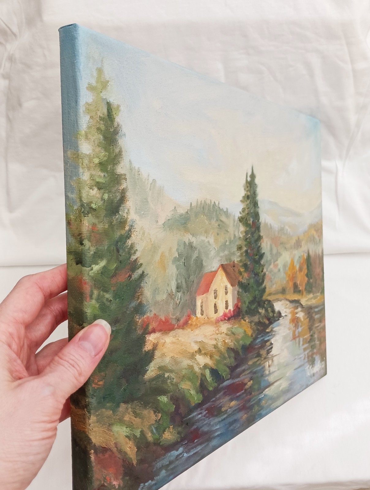 House by the River ORIGINAL Oil Painting Vintage Forest Country 11″x14″
