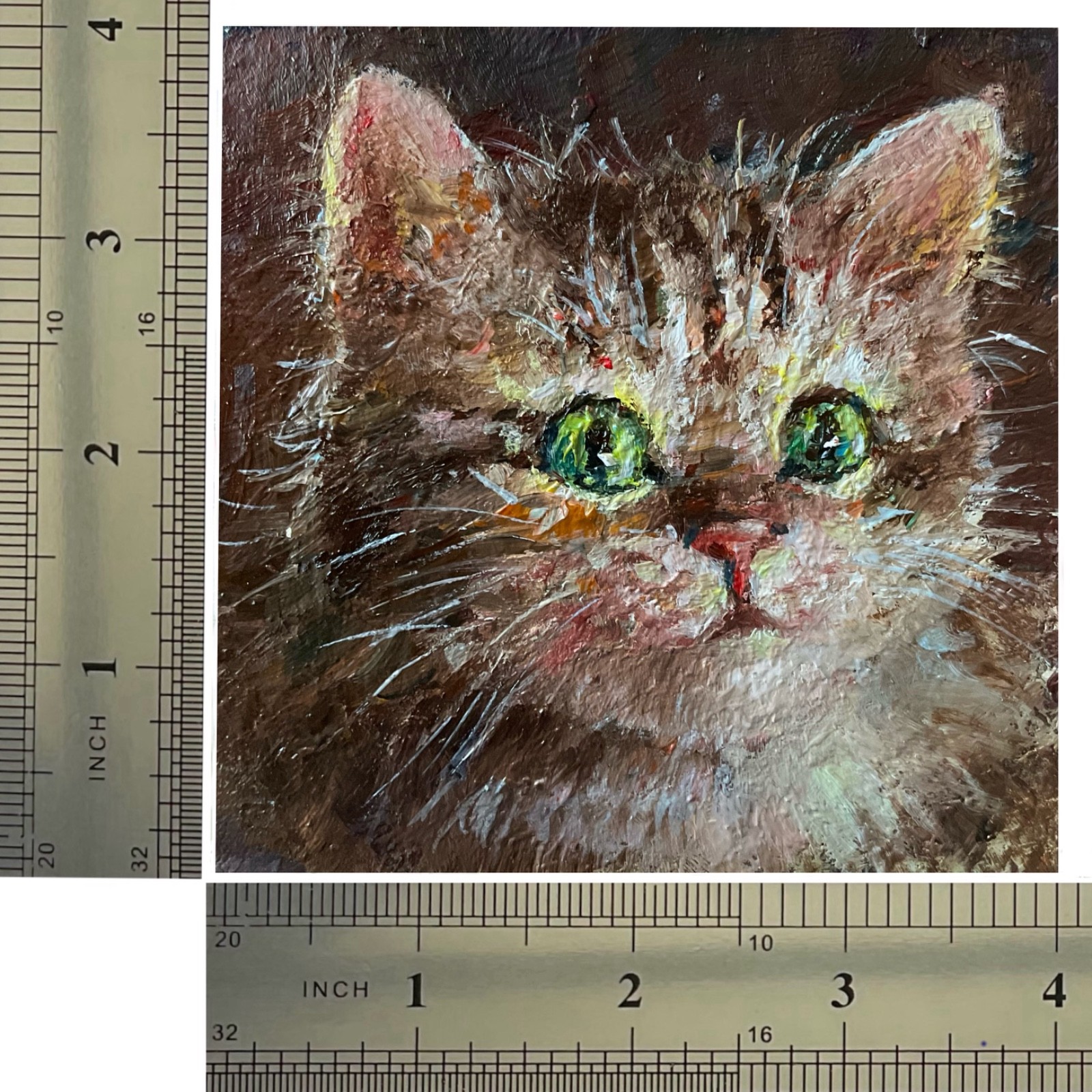 Cat Original Oil Painting Animals Signed 4*4in Small Wall Art