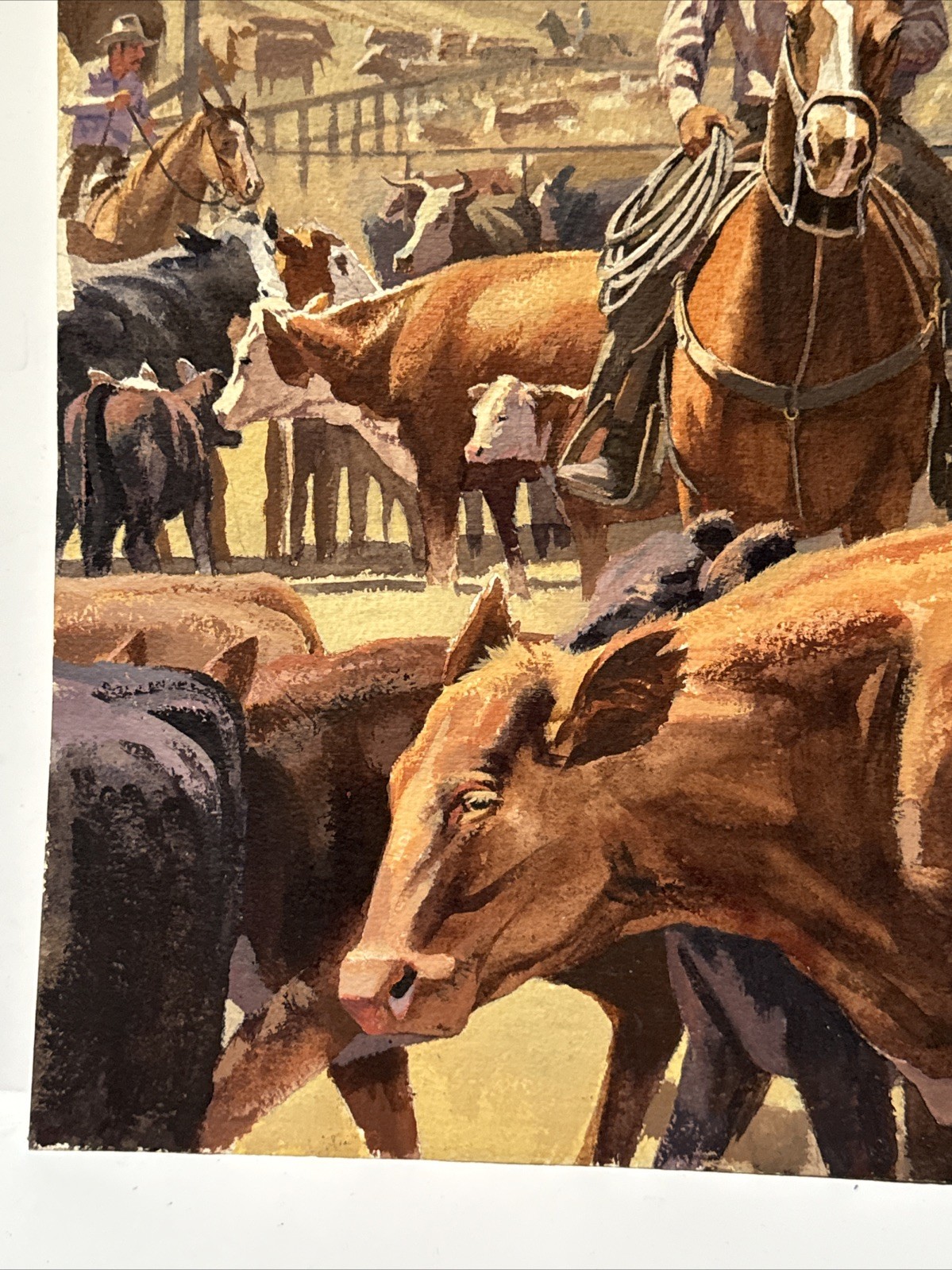 VINTAGE COWBOY PAINTING WESTERN RANCH COWBOYS FARM FARMING AMERICAN COWS
