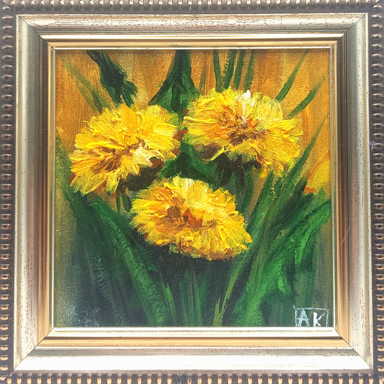 Dandelion flowe Original oil painting Miniature Signed Framed Size 4*4 inches