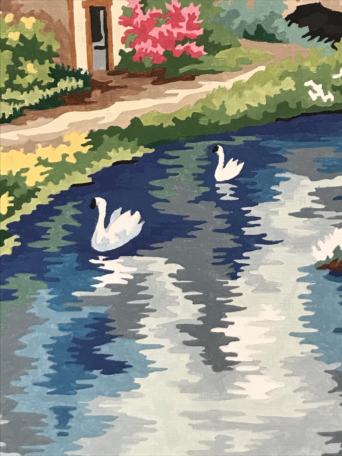 English Cottage Countryside Paint By Number House Pond Swans FINISHED PBN 20X12”