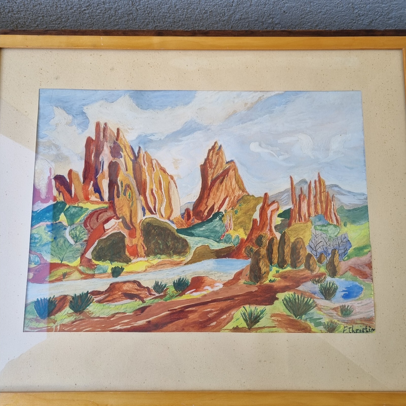Original Scandinavian Art Fantastic landscape mixed technic 60s, signed