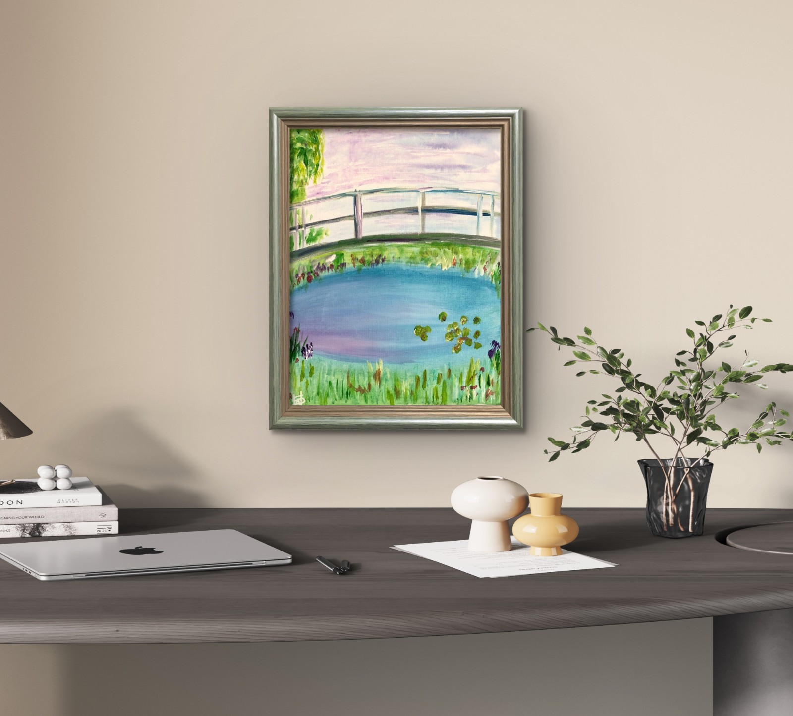 WS original impressionism bridge painting 14X11 canvas acrylic artist signed