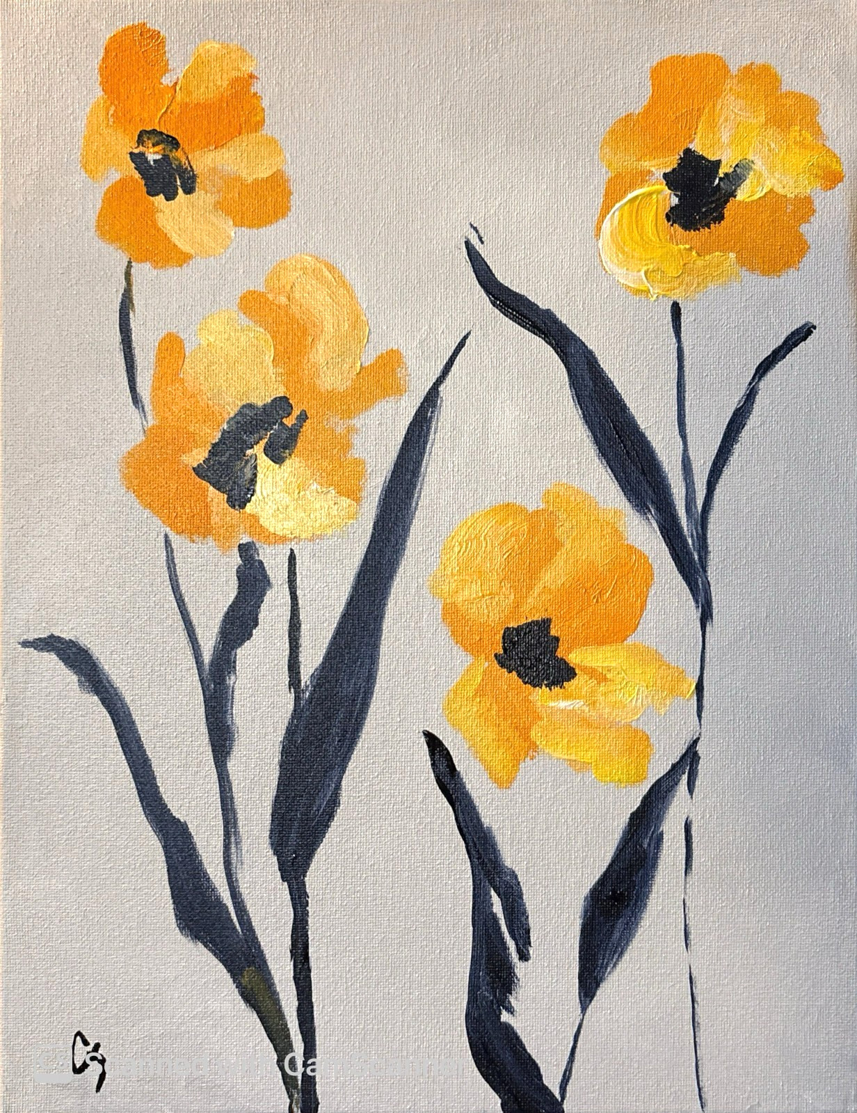 Yellow Orange Poppies Original Acrylic Painting 11×14 Signed Canvas Art