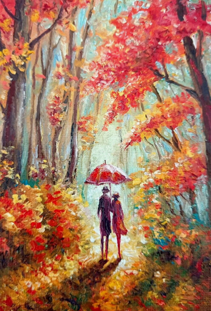 Original Autumn Wood Men Woman with Umbrella Walk Oil Canvas Painting Signed